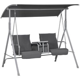 Outsunny 2-Seater Outdoor Porch Swing with Canopy and Table, Patio Swing Chair for Garden, Poolside, Backyard, Gray