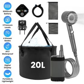 1Pc Portable Shower For Camping Include IPX7 Waterproof 6000mAh Rechargeable Shower Filtered Shower Head 5.3Gallon Foldable Bucket For Hiking Bea (Color: Black)