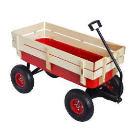 Outdoor Wagon All Terrain Pulling W Wood Railing Air Tires Children Kid Garden (Color: Red)